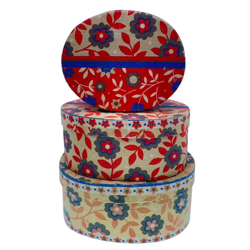 Set Of 3 Oval Floral Paper Mache Nesting Boxes Red & Blue Flower Pattern Vtg
